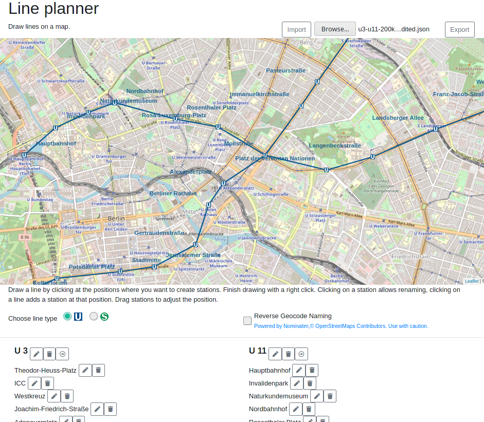Screenshot of website with line planner